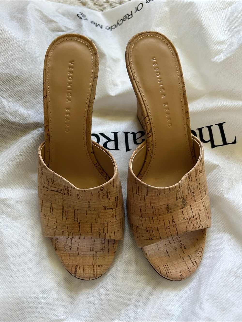 Veronica Beard Cork-Textured Tan wedges